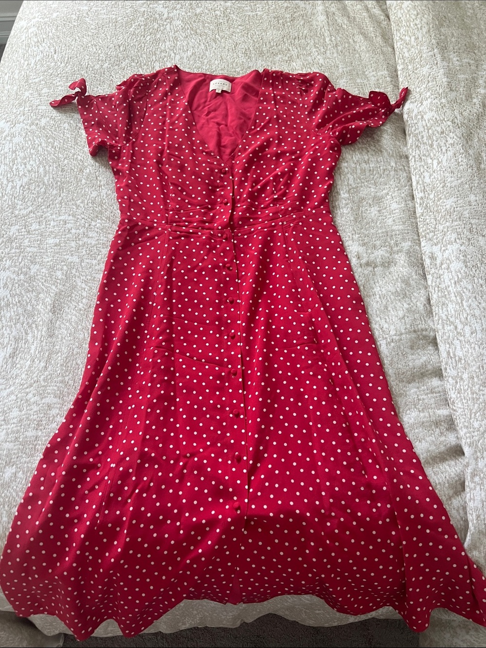 SEZANE Red Polka Dot Midi Dress - Classic V-Neck Summer Style